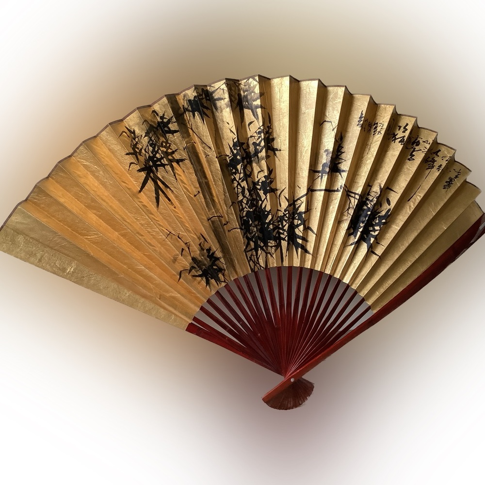 New Bamboo Wall Fan Vintage Handpainted - Picture 1 of 6